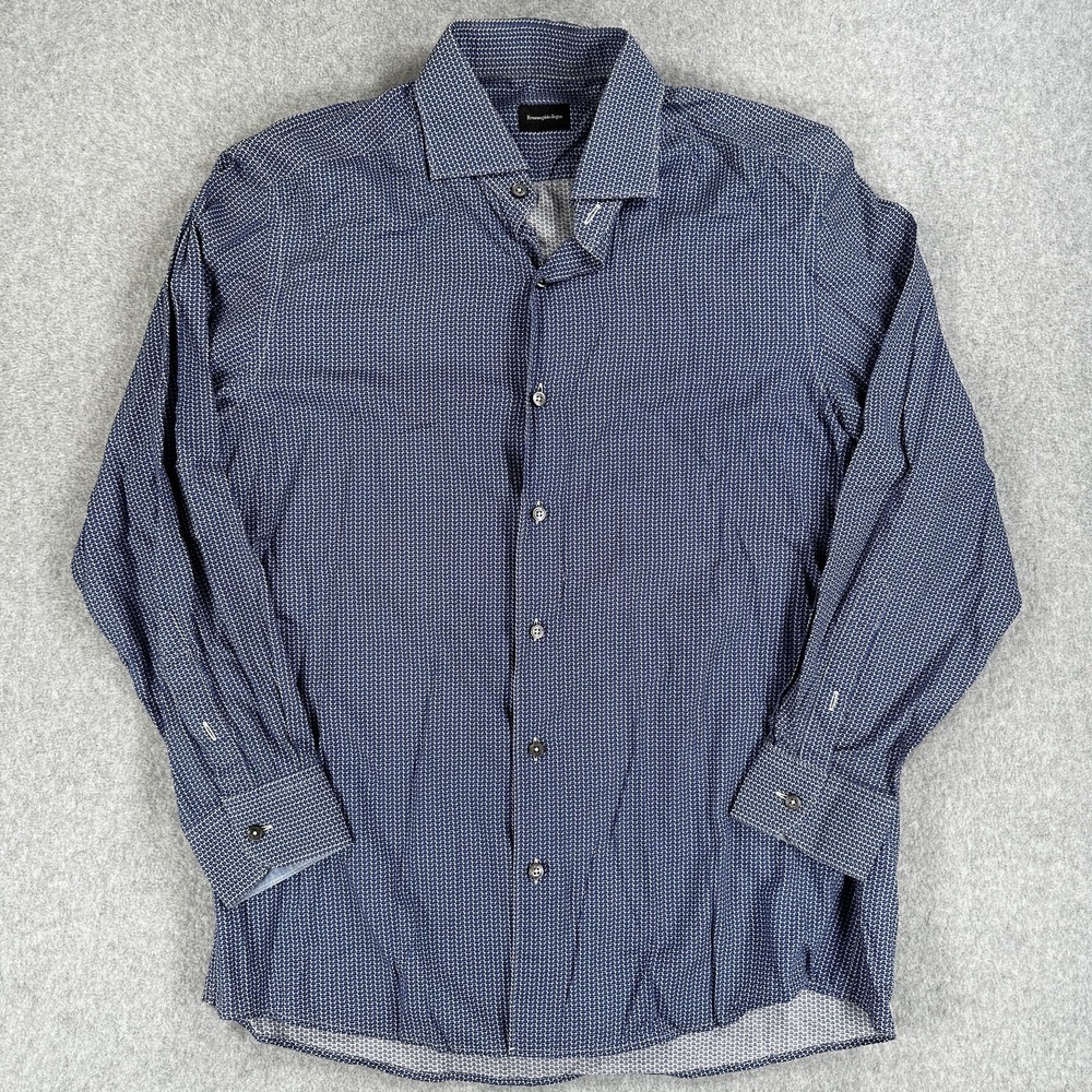 Ermenegildo Zegna Dress Shirt Mens L Blue Geometric Spread Collar Long Sleeve